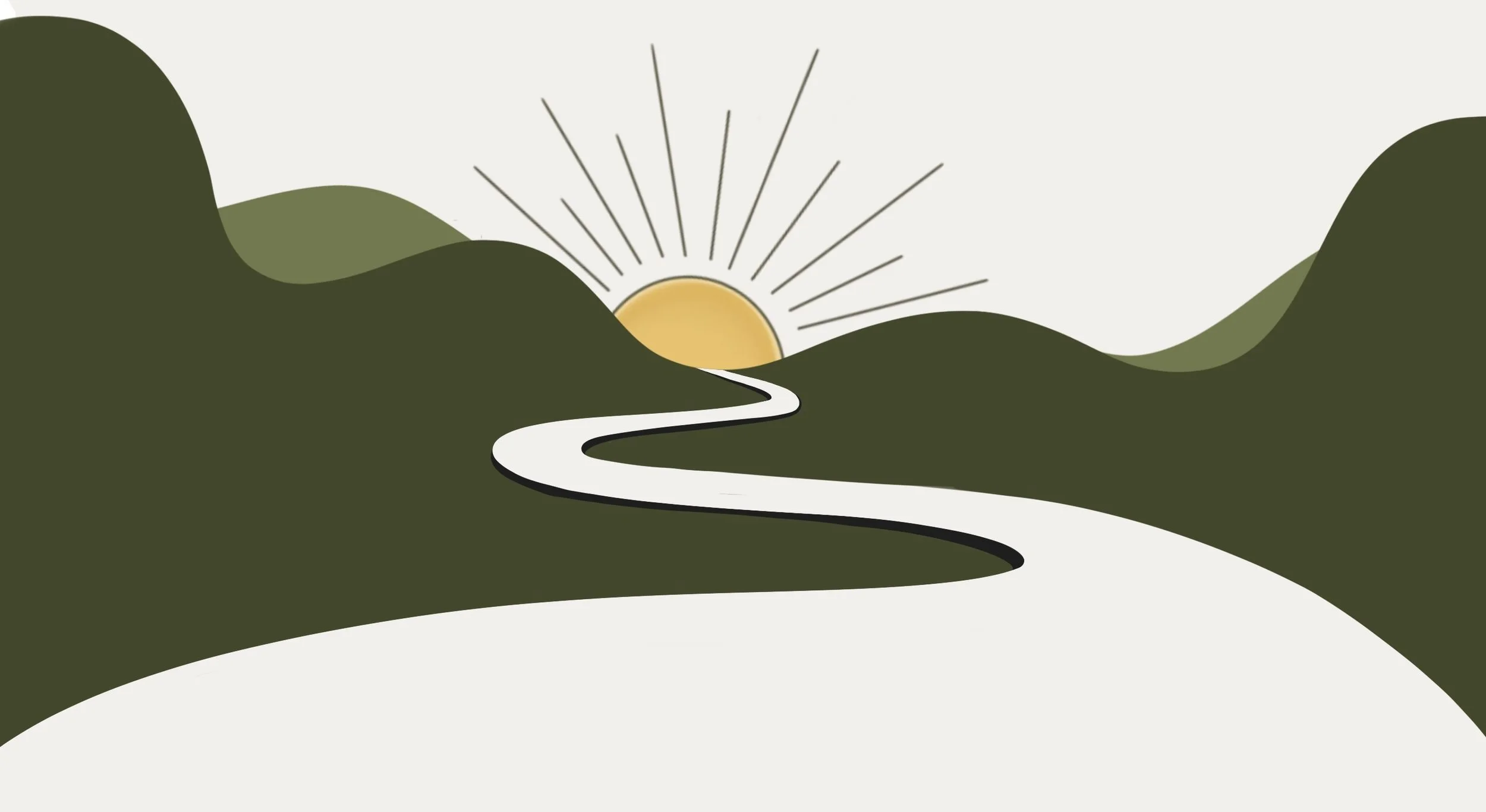 Minimalist landscape illustration of a winding path leading through green hills with a rising or setting sun emitting rays over the horizon.