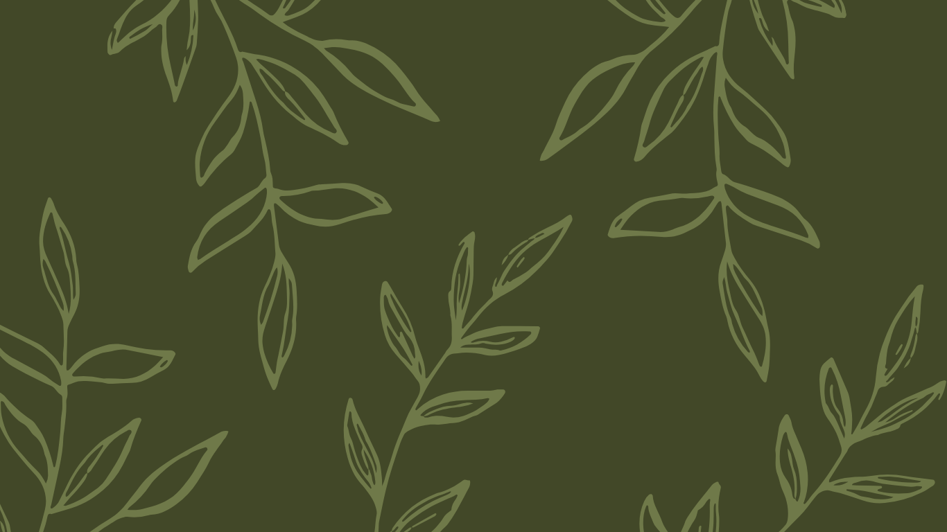 Olive green background with a pattern of light green outlined leaves.