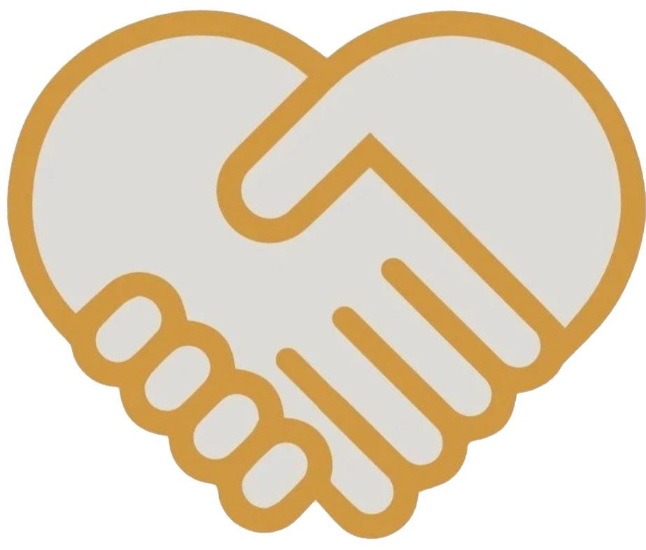 Outline of two hands shaking, enclosed in a heart shape, with a gold border.