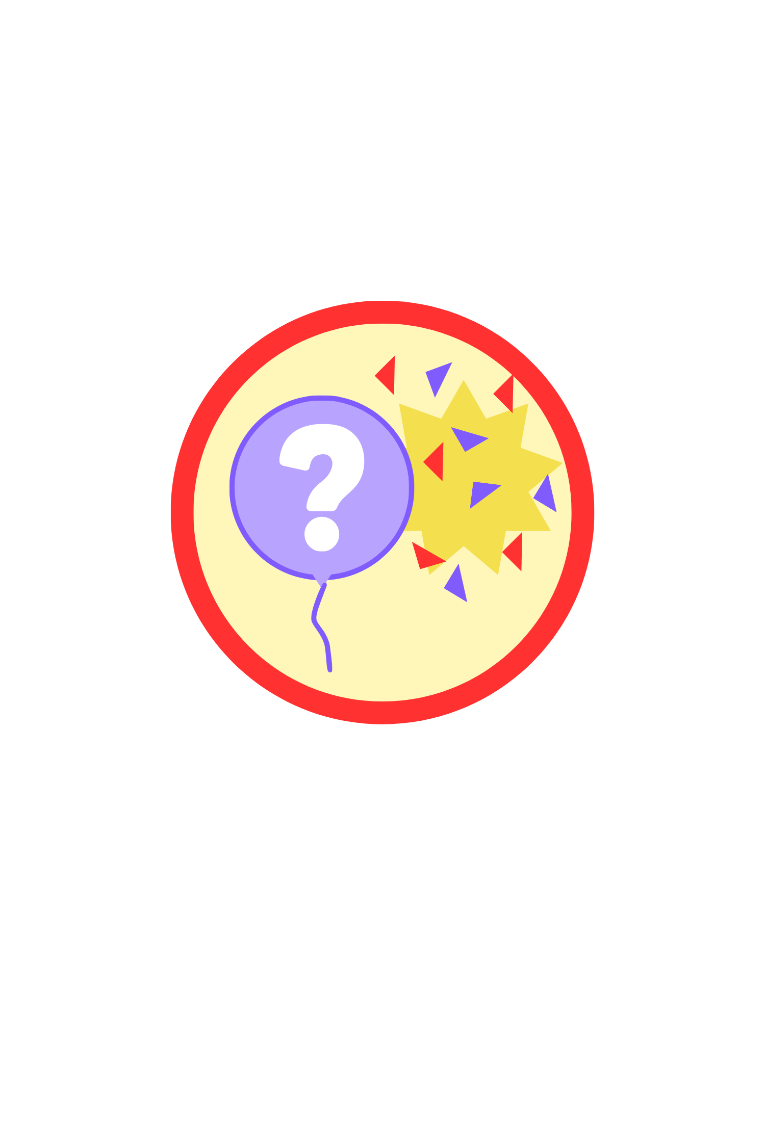 A birthday cake with dark icing, colorful sprinkles, and a lit candle, with a purple balloon featuring a white question mark floating nearby.