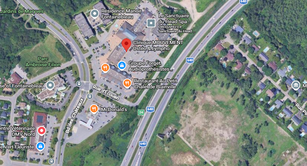Carte satellite montrant une zone urbaine avec des bâtiments, des routes, des restaurants, des cliniques, un parc et des zones résidentielles