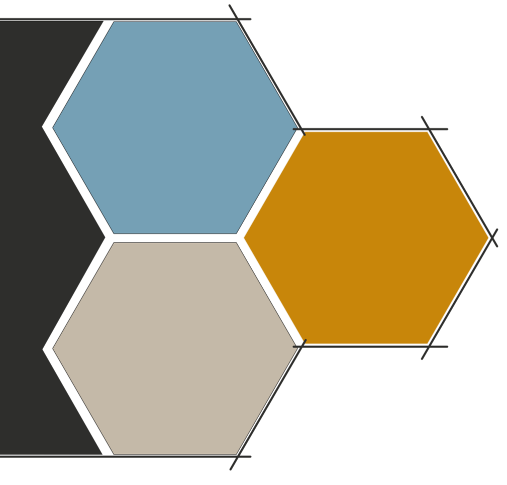 Three overlapping hexagons in blue, beige, and brown on a black background.