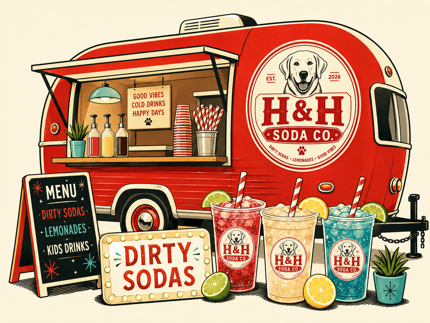 Colorful illustration of a vintage food truck selling sodas. The truck has a sign with a dog and the text 'H&H Soda Co,' advertising dirty sodas, lemonades, good vibes. Three cups of soda with straws and lemon/lime slices are in front. A chalkboard menu lists dirty sodas, lemonades, kids drinks. The truck window shows bottles of syrup, cups, and a sign that says, 'Good vibes, cold drinks, happy days.'