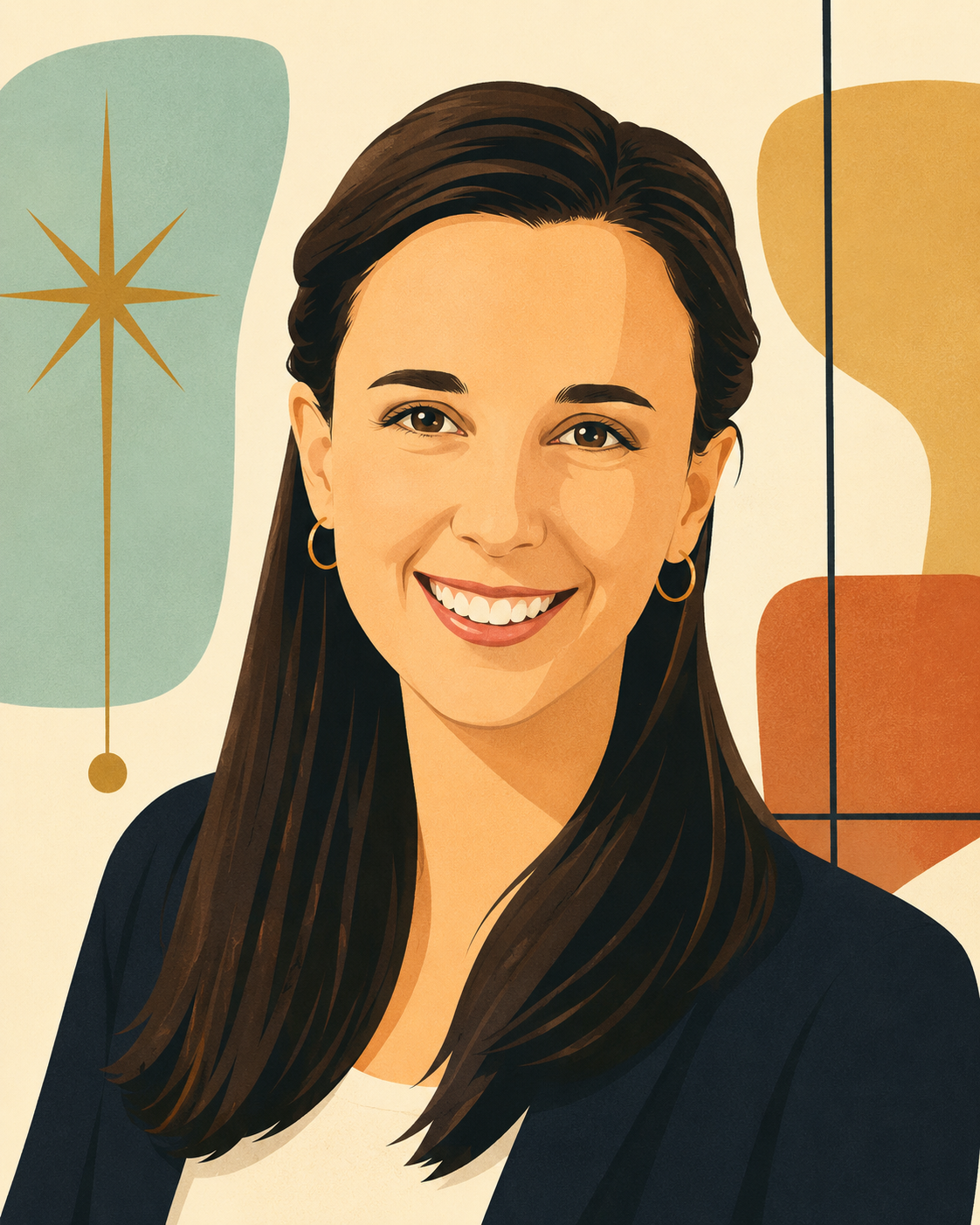Digital illustration of a smiling woman with long dark hair, wearing hoop earrings and a dark blazer, with retro abstract background elements.