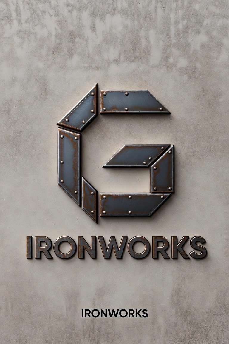 Metallic logo of the letter G with rivets, above the text 'IRONWORKS' in black capital letters, on a textured gray wall.