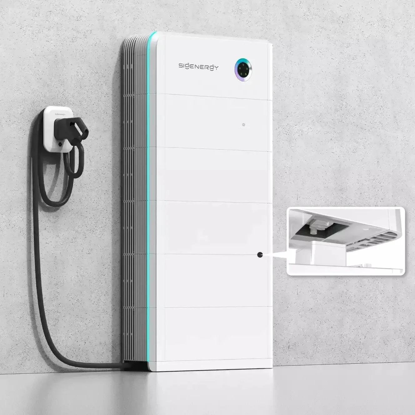 A white energy storage system with a circular digital display, connected to a black charging cable mounted on a gray wall.