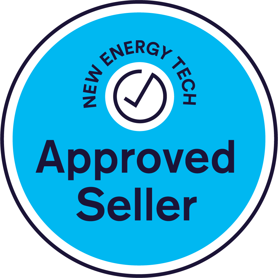 Blue circular badge with white border that says 'Approved Seller' with a checkmark icon and 'New Energy Tech' written in a curve at the top.