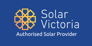 Logo of Solar Victoria, an authorized solar provider, featuring a geometric sunburst icon and text on a blue background.