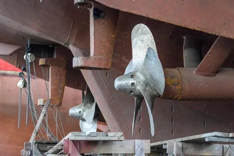 Close-up of boat propellers mounted inside a boat hull for maintenance or storage.