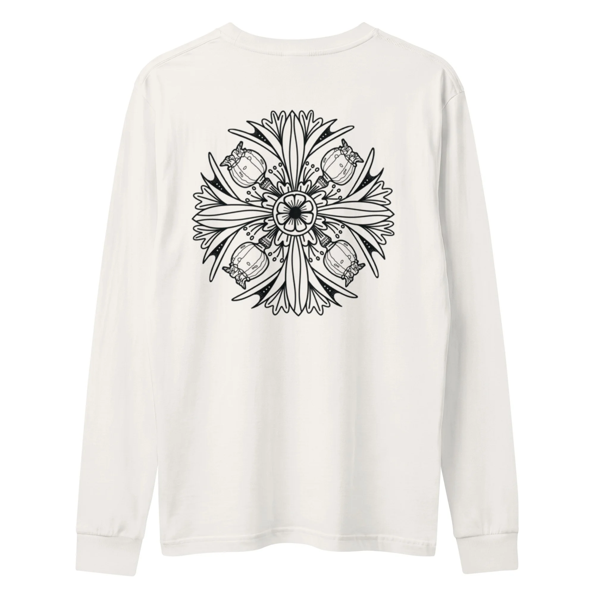 Design on back - thistle pod garment dyed unisex heavyweight long sleeve tee