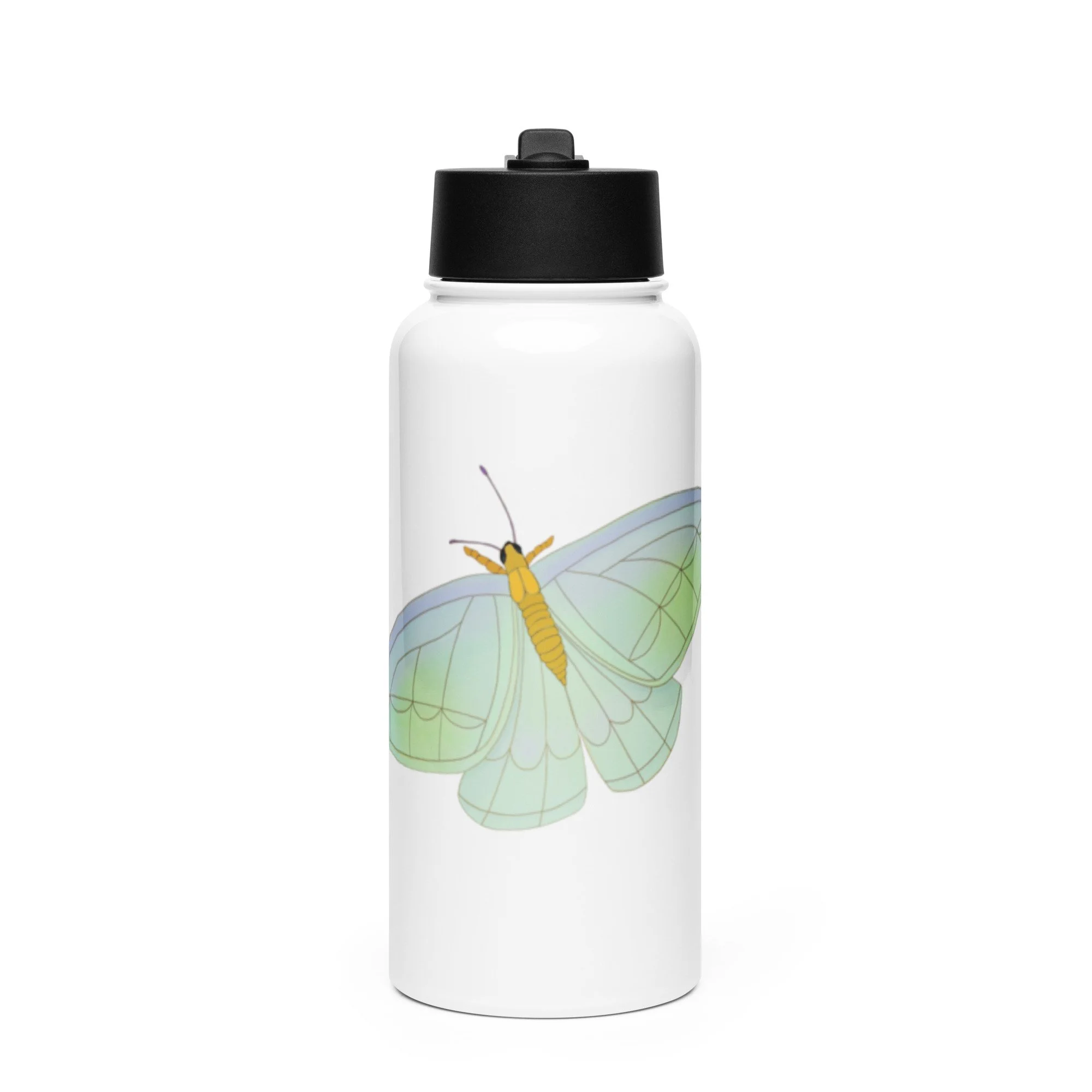 Blue moth stainless steel water bottle with a straw lid