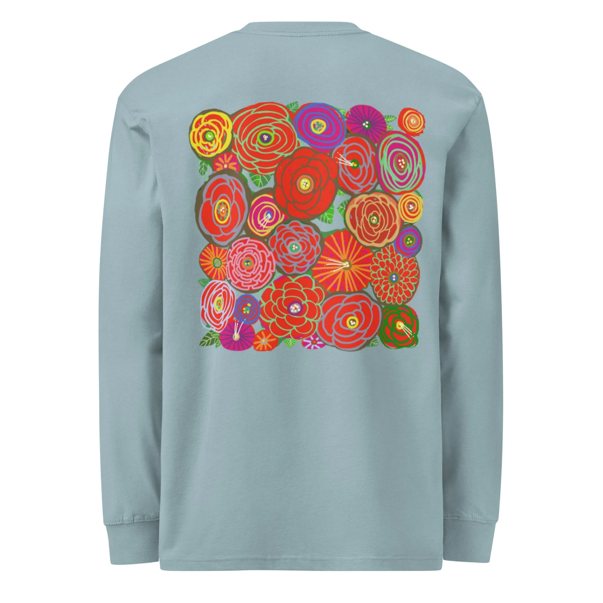 Design on back - red flowers men's size heavyweight long sleeve t-shirt
