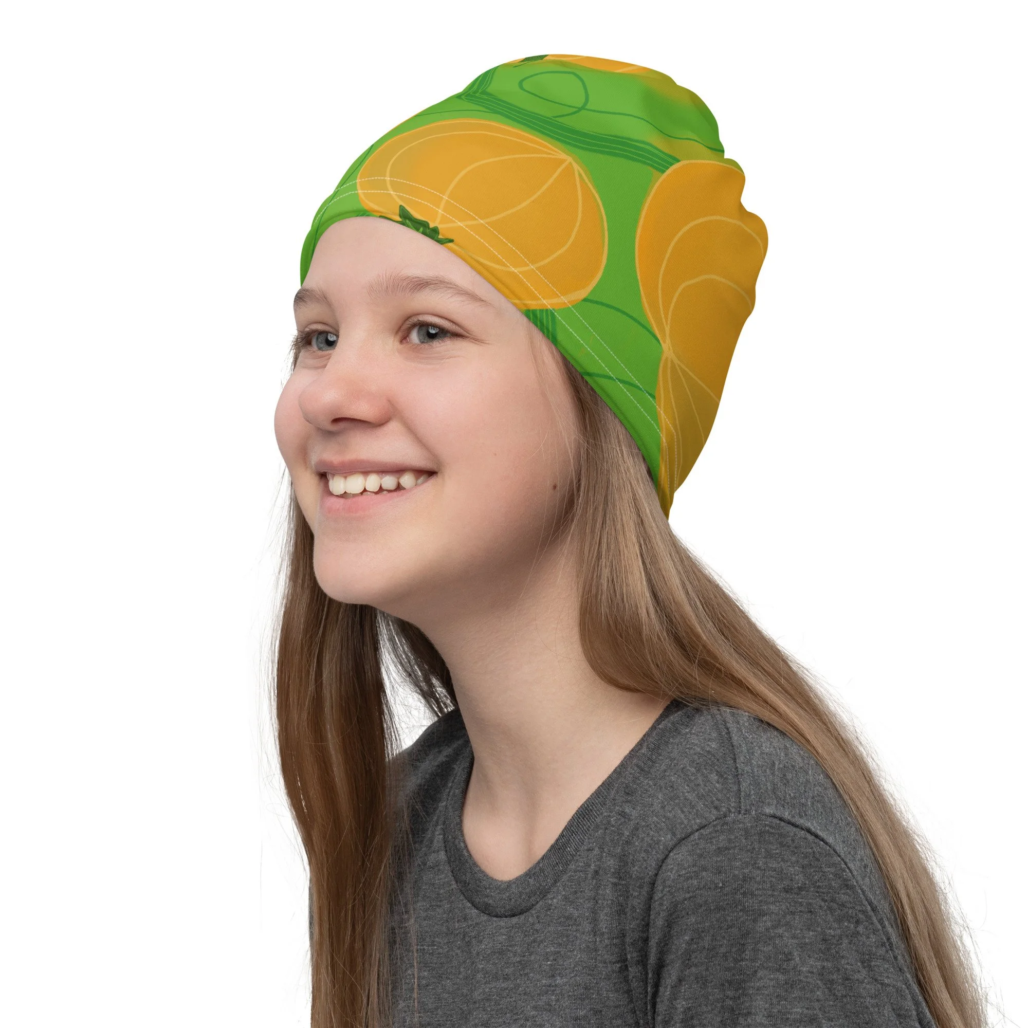 Pumpkin neck gaiter, skull cap, hair tie