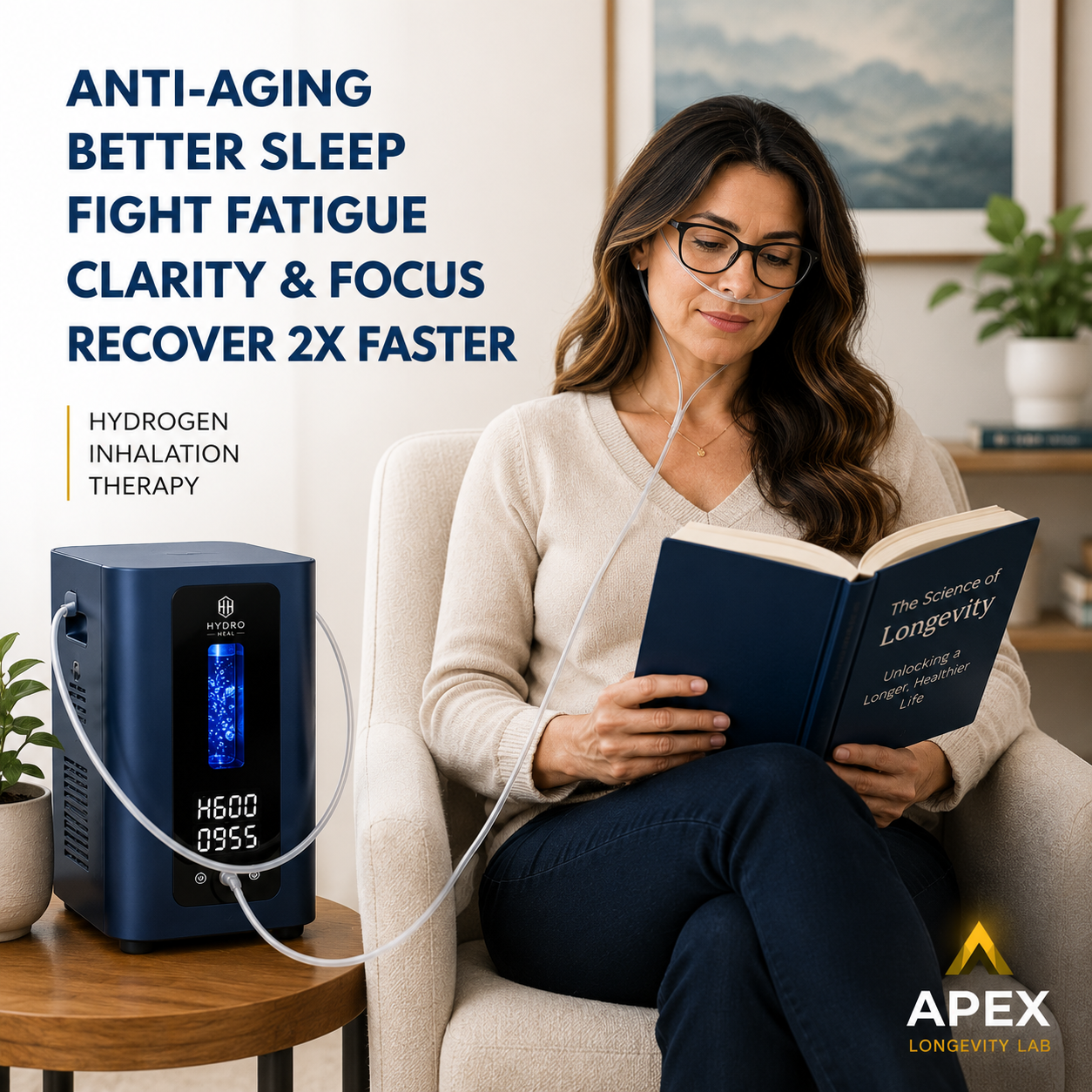 Individual receiving HydroHeal molecular hydrogen inhalation therapy while relaxing and reading to support recovery, wellness, and healthy aging.