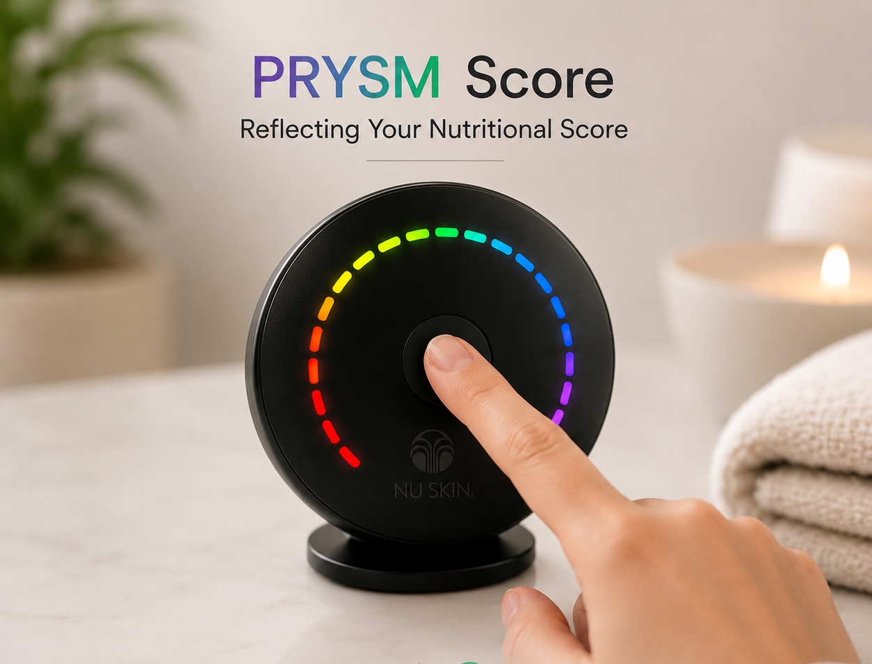 Person using the Nu Skin PRYSM device for a non-invasive nutritional wellness assessment measuring antioxidant status.
