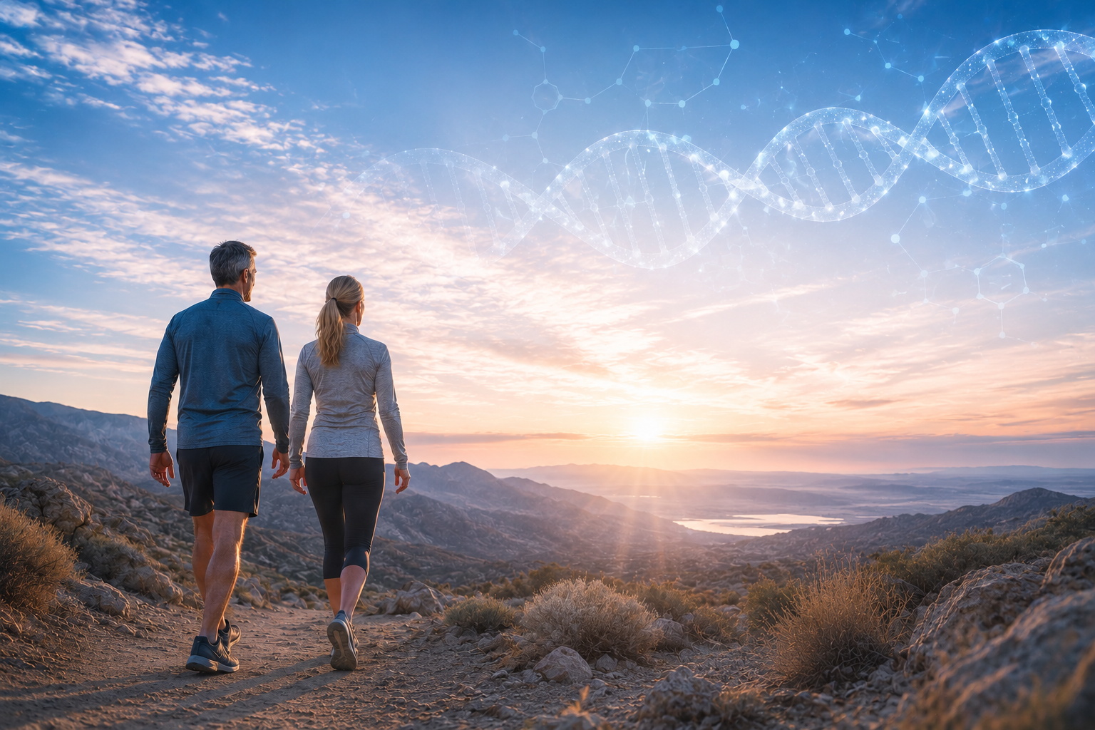 A man and a woman walking on a trail in a mountainous area during sunset, with a digital DNA helix and molecular structures floating in the sky.