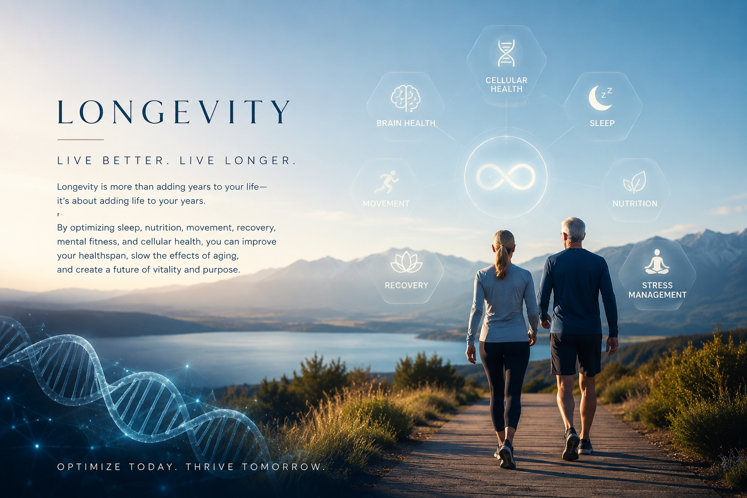 A man and woman walking on a trail near a lake with mountains in the background, with overlays of health icons related to longevity, including brain health, cellular health, sleep, nutrition, movement, recovery, and stress management.