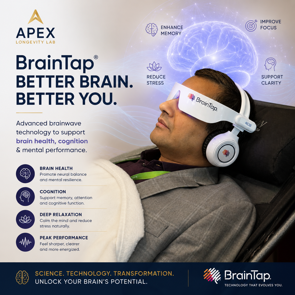 A man wearing a BrainTap headset resting with eyes closed, lying in a chair with a blanket on his chest. The background features a luminous brain illustration and icons indicating benefits like enhancing memory, reducing stress, improving focus, and supporting clarity. The poster promotes BrainTap's advanced brainwave technology to support brain health, cognition, stress reduction, and mental performance.