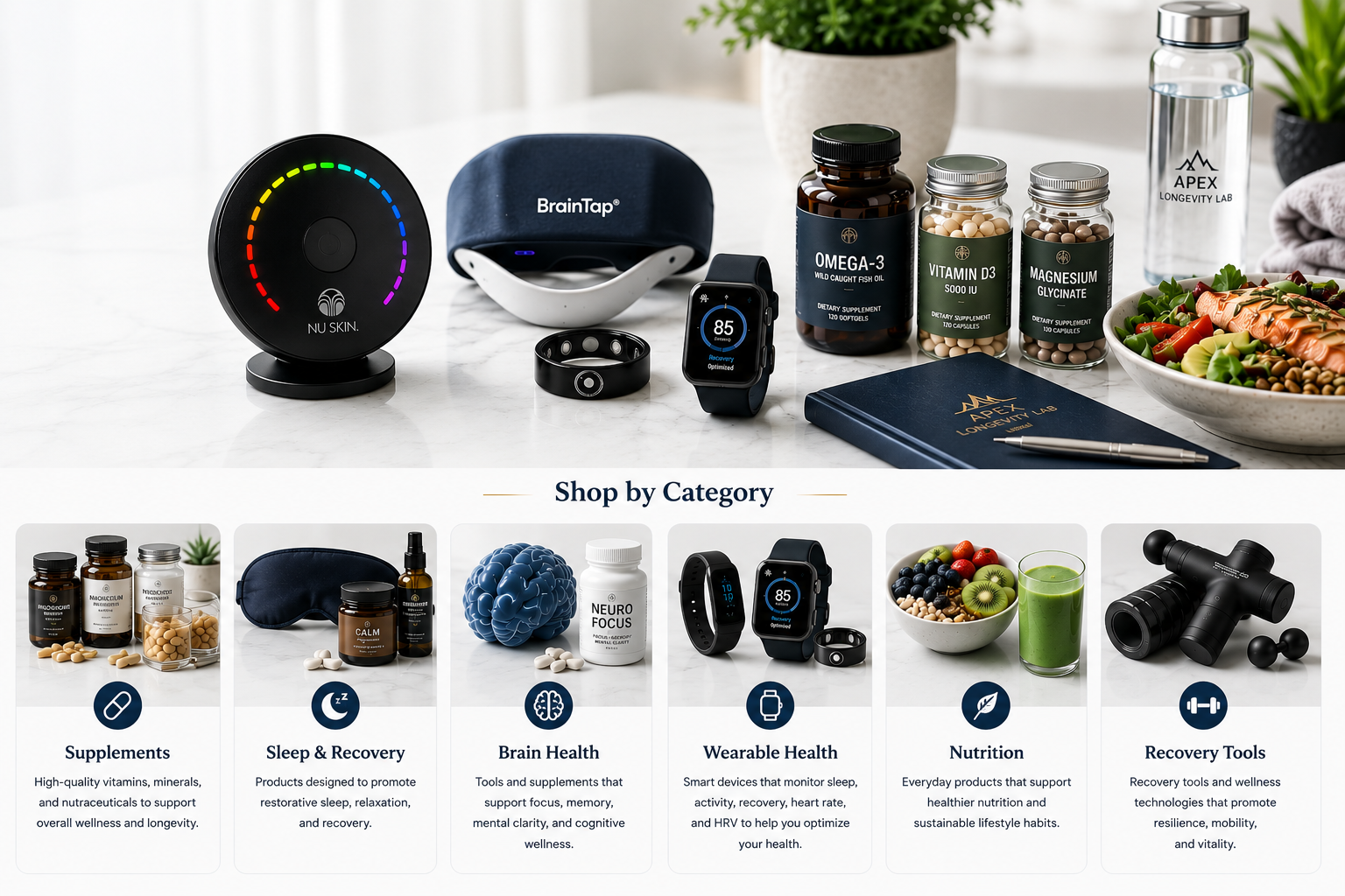 Arrangement of health and wellness products on a table, including supplements, a sleep mask, an electronic headband, a smartwatch, a notebook, and a salad, with a
