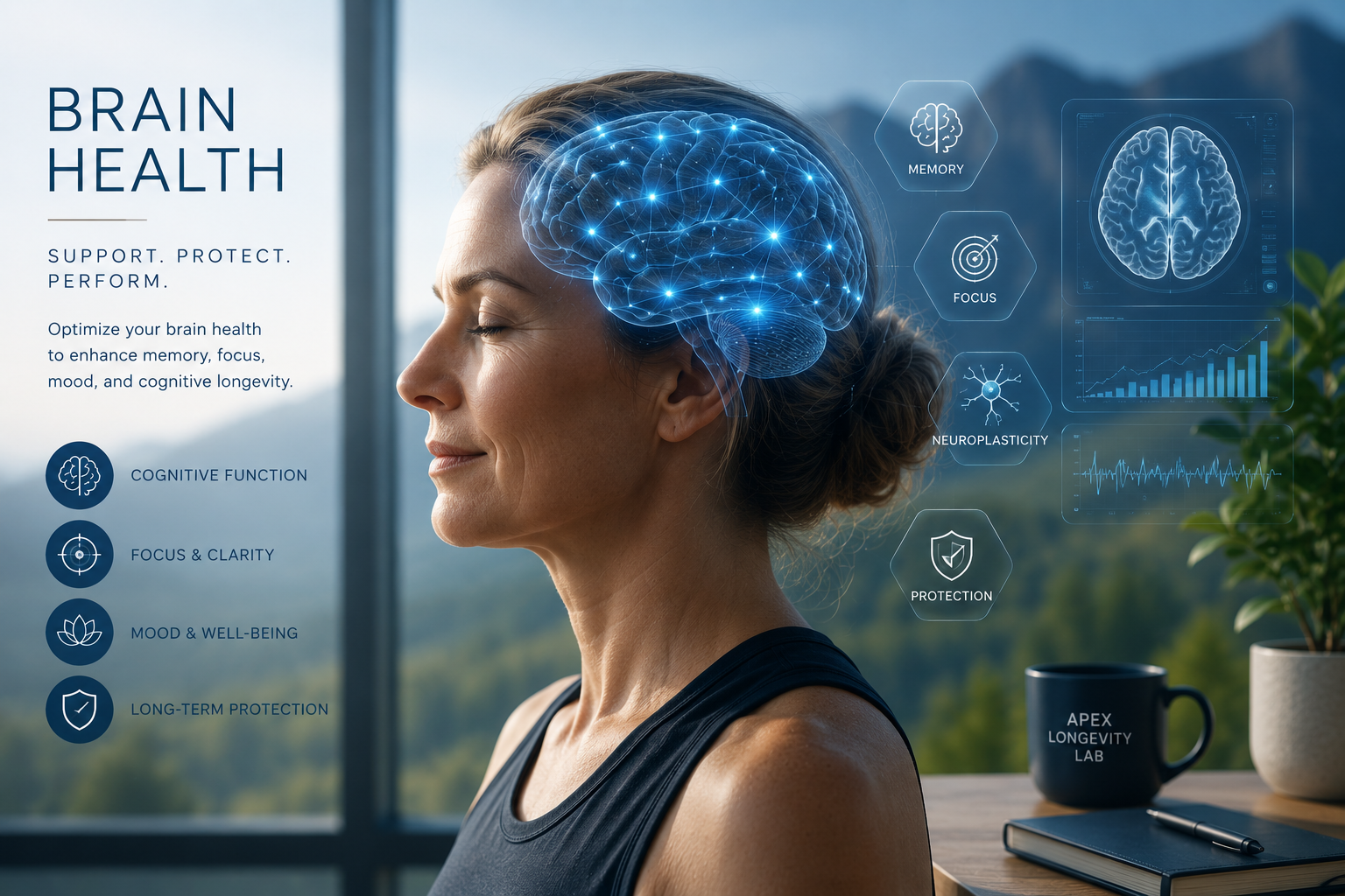 A woman with closed eyes and a peaceful expression is shown with a digital illustration of a brain over her head. The background is a bright room overlooking mountains. Text and icons about brain health are on the left and right, including the words 'Brain Health,' 'Support. Protect. Perform,' and benefits like cognitive function, focus, mood, and long-term protection. On the right, there are icons labeled memory, focus, neuroplasticity, and protection along with graphs and brain scans. A coffee mug, notebook, and pen are on a table in the foreground.