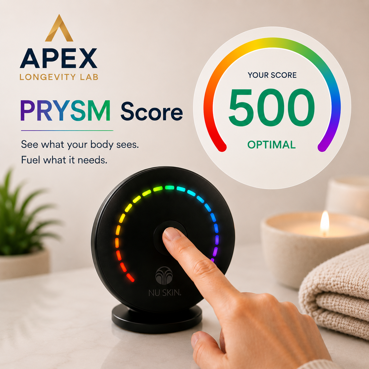 Person using the Nu Skin PRYSM device for a non-invasive nutritional wellness assessment measuring antioxidant status.