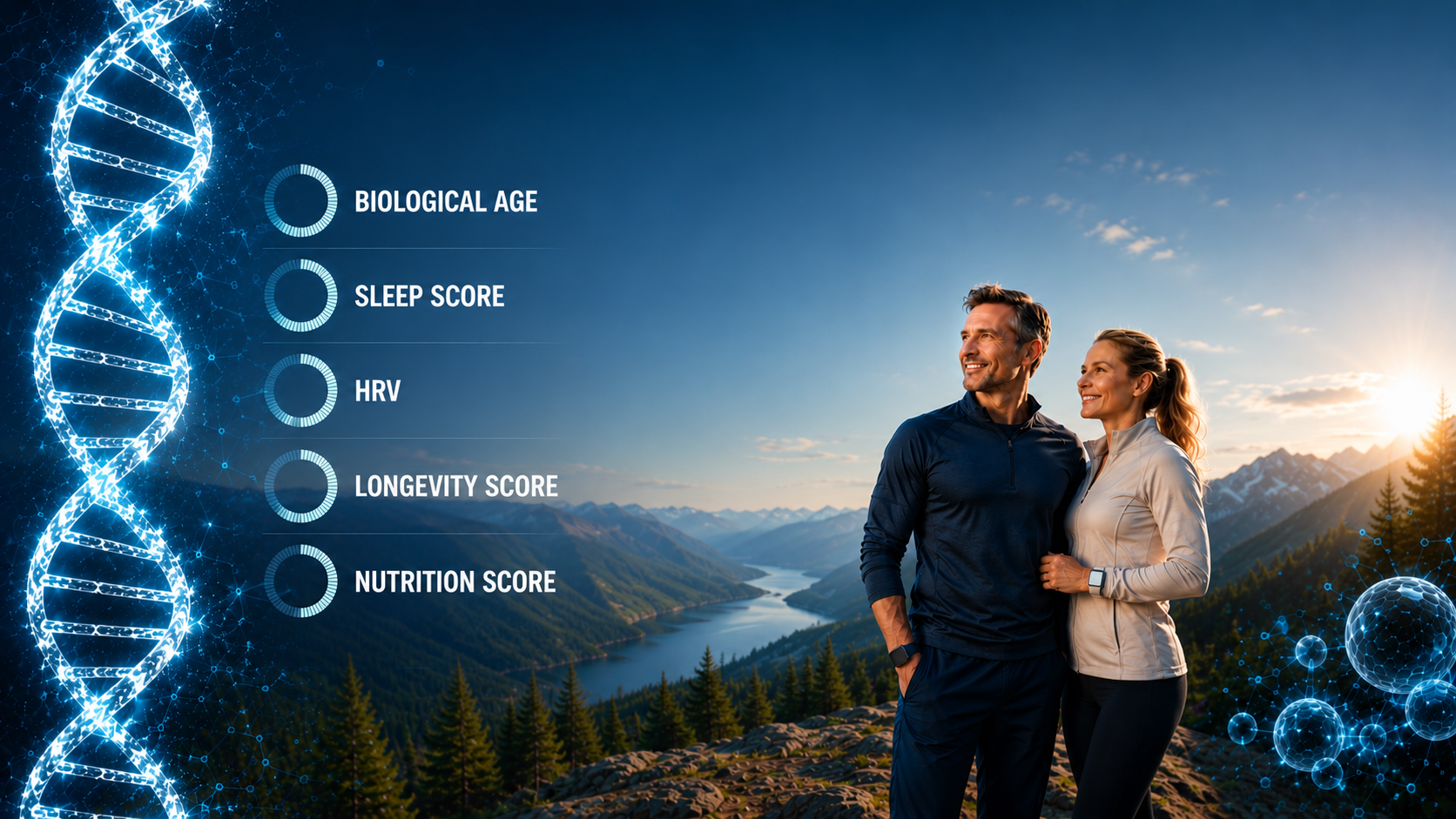 Healthy midlife couple walking outdoors representing healthy aging, longevity, wellness, and personalized health optimization.