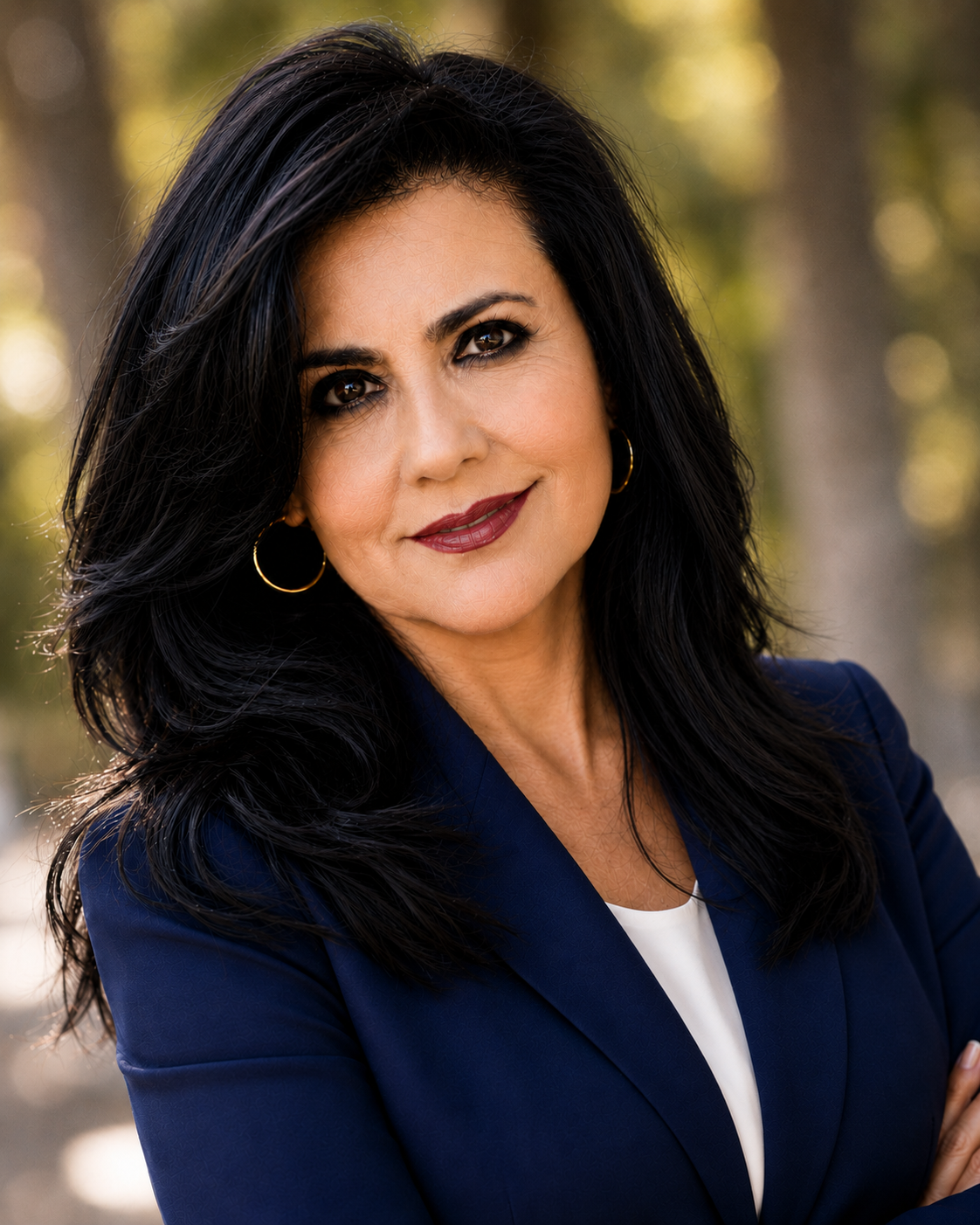 A woman with long dark hair, wearing a navy blazer and gold hoop earrings, smiling outdoors with a blurred background of trees.