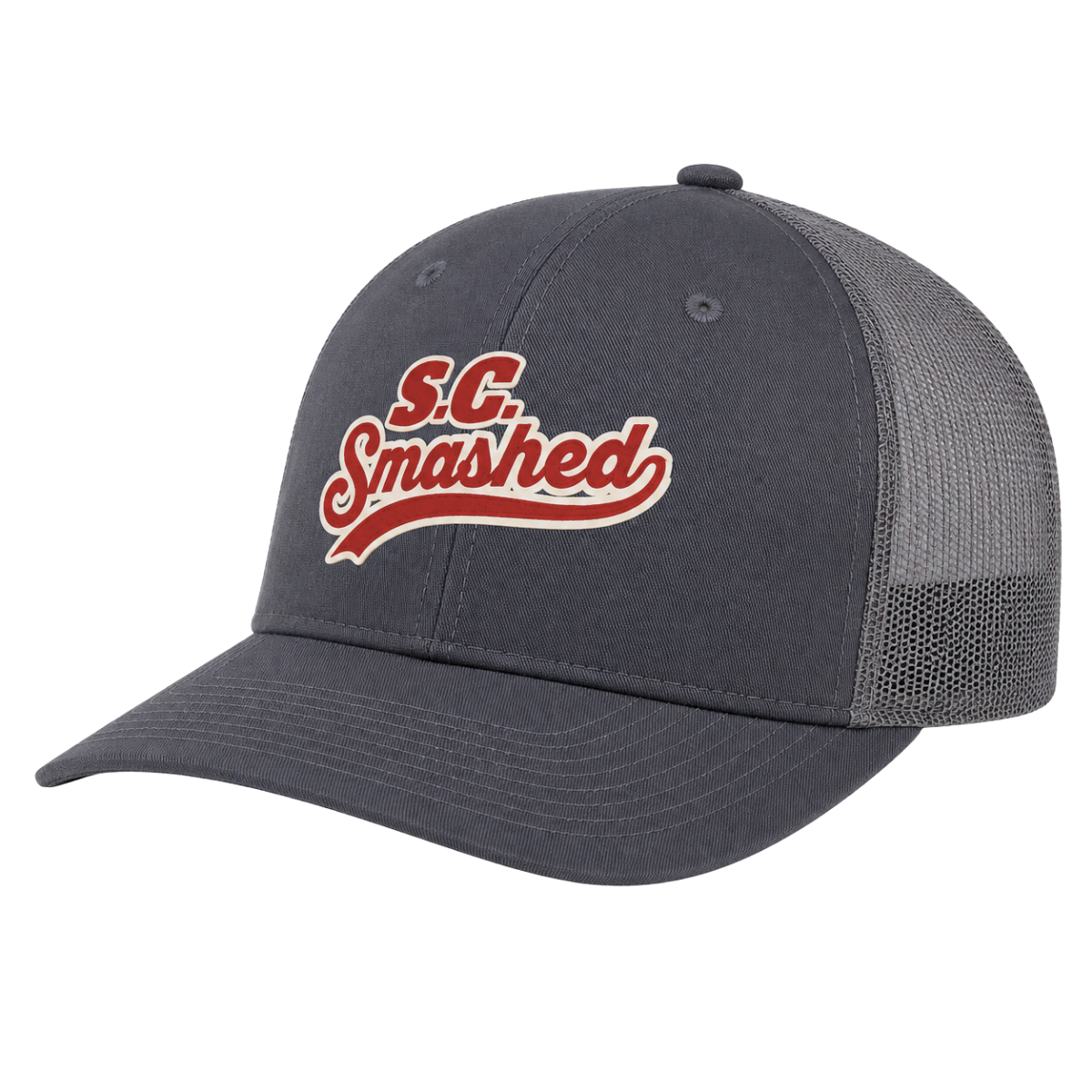 Dark gray baseball cap with mesh back and embroidered text 'S.C. Smashed' in red and white on the front.
