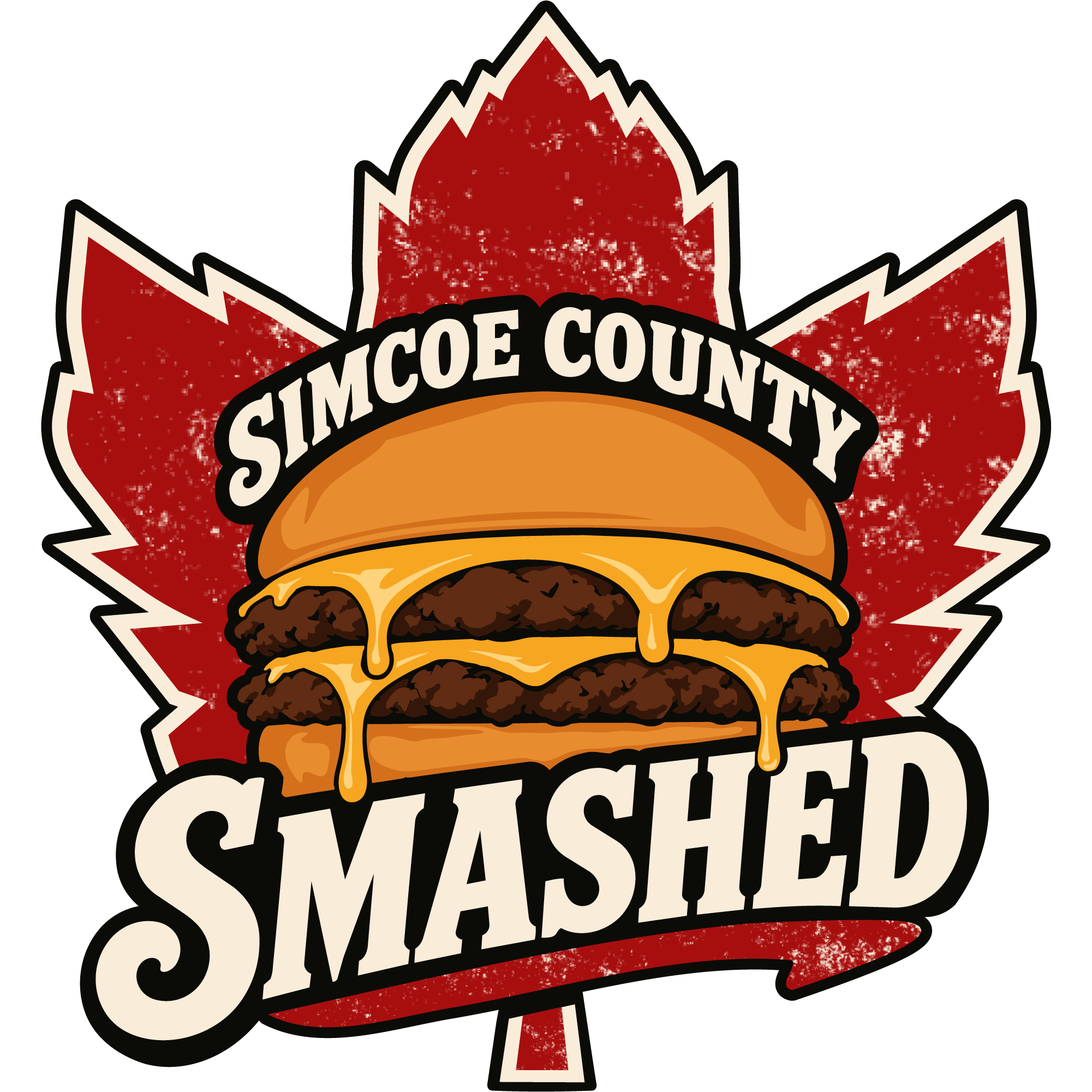 Stylized graphic of a taco with a red maple leaf above it, with the text 'Simcoe County Shasted' surrounding the taco and maple leaf in a circular design.
