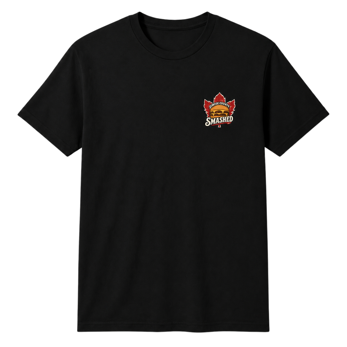 Black T-shirt with a small logo on the upper left chest area featuring a maple leaf, a hamburger, and the text 'Simcoe County Smashed'.