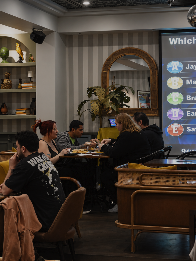 Group of young adults playing trivia quiz game at a restaurant or cafe