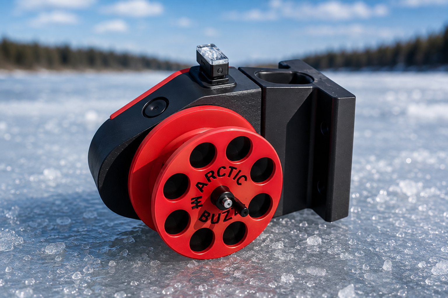 Red Arctic Buzz ice fishing rattle reel with LED strike indicator sitting on a frozen lake.