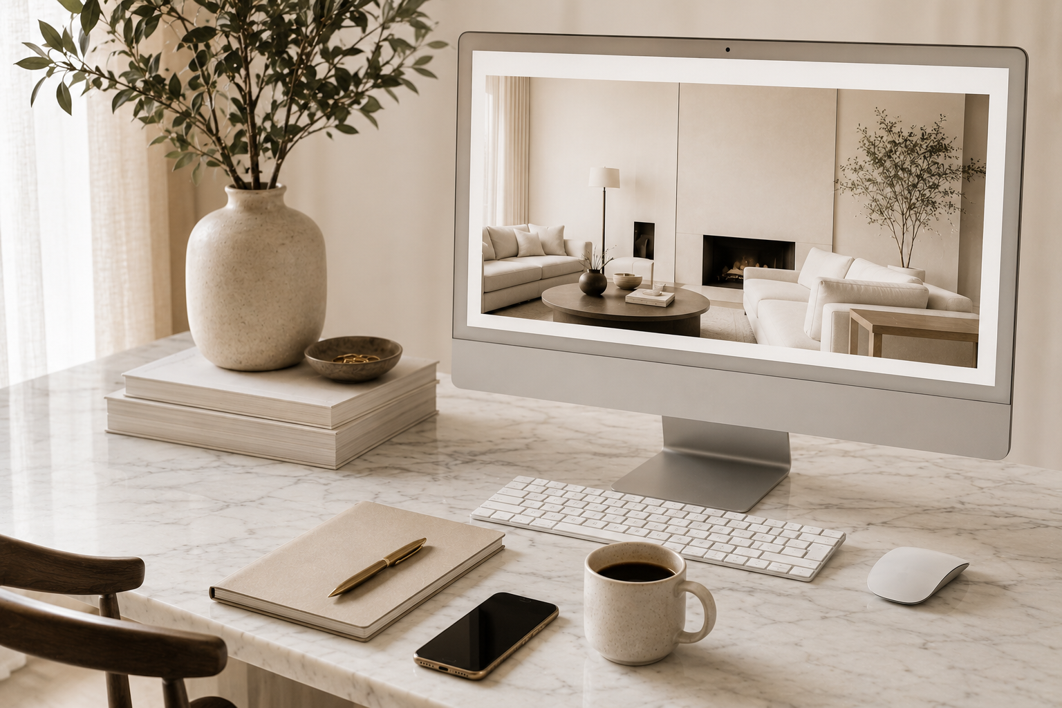 A home office with a marble desk, a computer displaying a living room scene, a notebook with a pen, a smartphone, a coffee mug, and a small potted plant.
