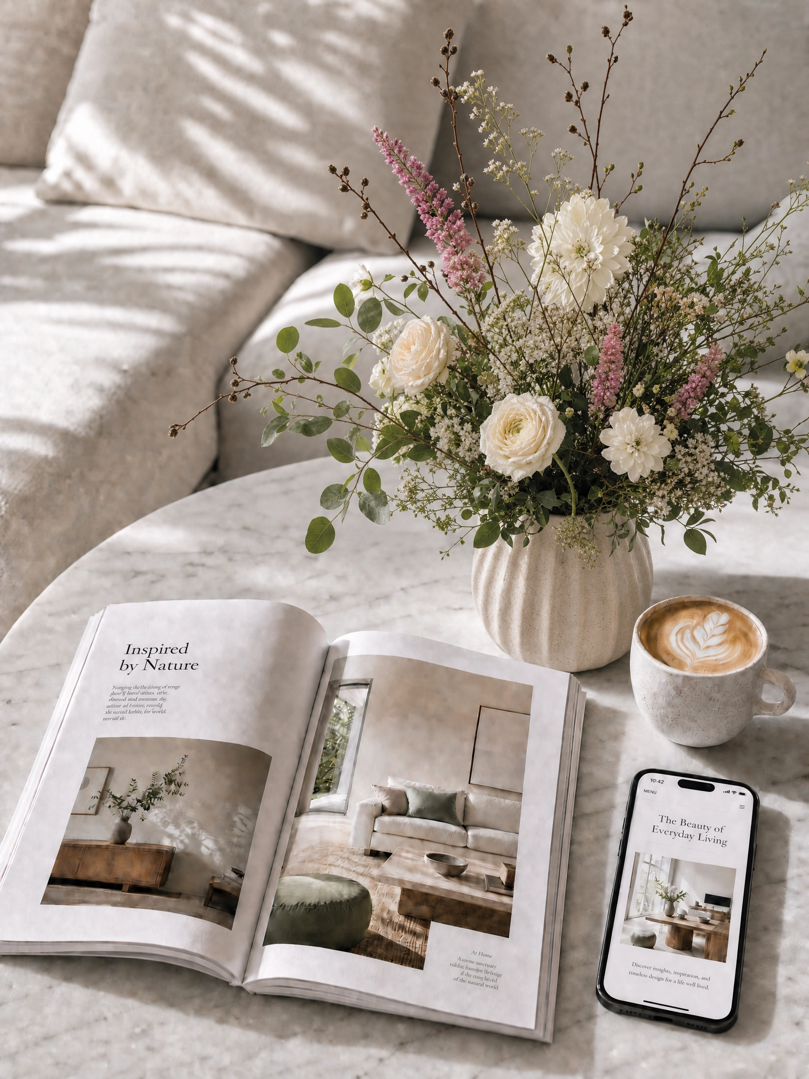 A marble table with an open magazine featuring interior design images, a ceramic flower vase with white and pink flowers, a cup of coffee, and a smartphone displaying Magnet PR's website.