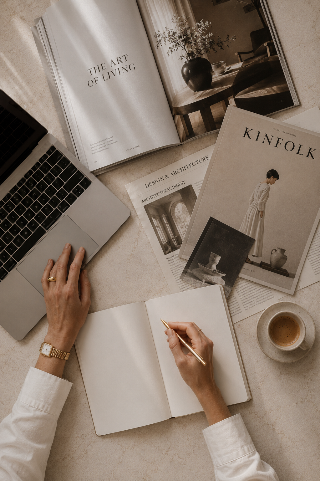 Magnet PR's team working at a desk with magazines, a laptop, a notebook, a pen, and a cup of coffee.