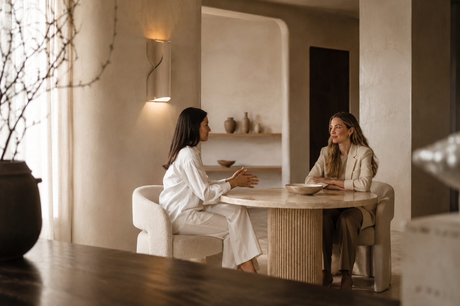 Magnet PR consultation: Two women sit at a round beige table in a minimalist, warmly lit room, engaged in conversation.