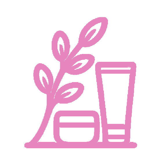 Magnet PR icon for Beauty & Lifestyle clients: Illustration of a plant branch, a cosmetic jar, and a tube in a minimalist pink line art style.