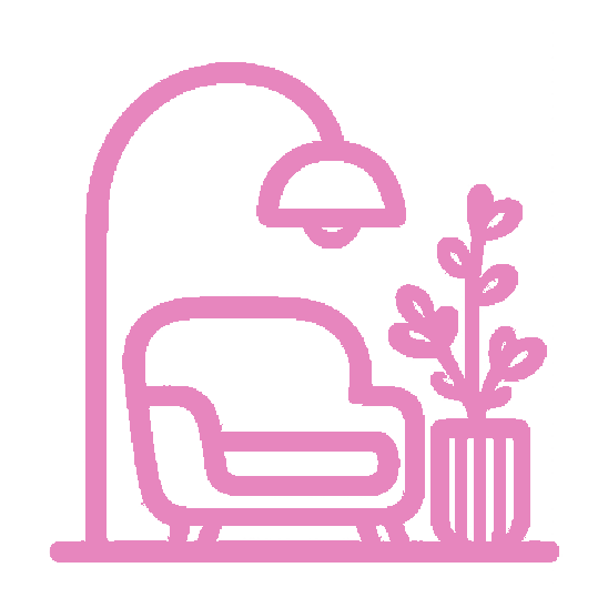 Magnet PR icon for Interiors & Design clients: Line drawing of a standing floor lamp, a chair, and a potted plant, all in pink outline.