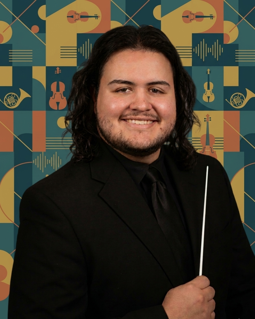 A man with long dark curly hair, a beard, and a mustache, wearing a black suit and black tie, holding a conductor's baton, standing in front of a colorful musical-themed background with illustrations of violins, saxophones, music notes, and sound waves.