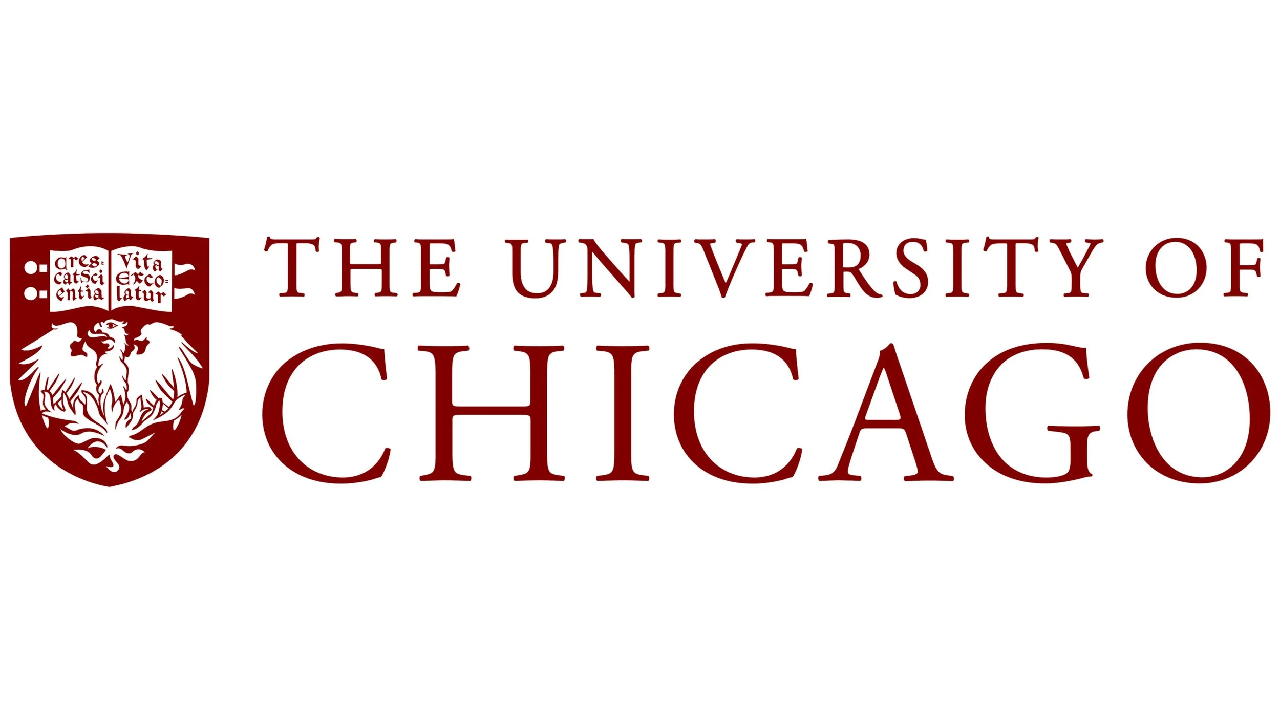The logo of the University of Chicago in maroon color with an eagle emblem and Latin motto.