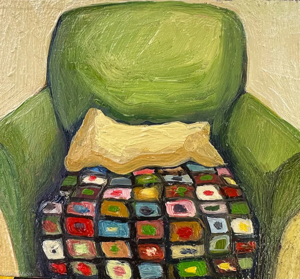Green chair.  Oil on wood.  100mm. Sold