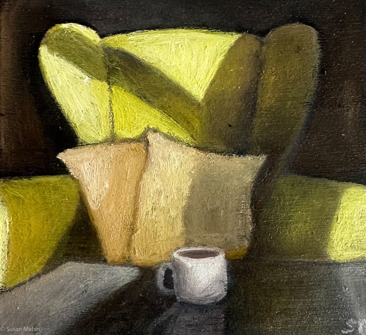 Yellow chair 2. Oil on Wood.  100mm x 100mm. Sold