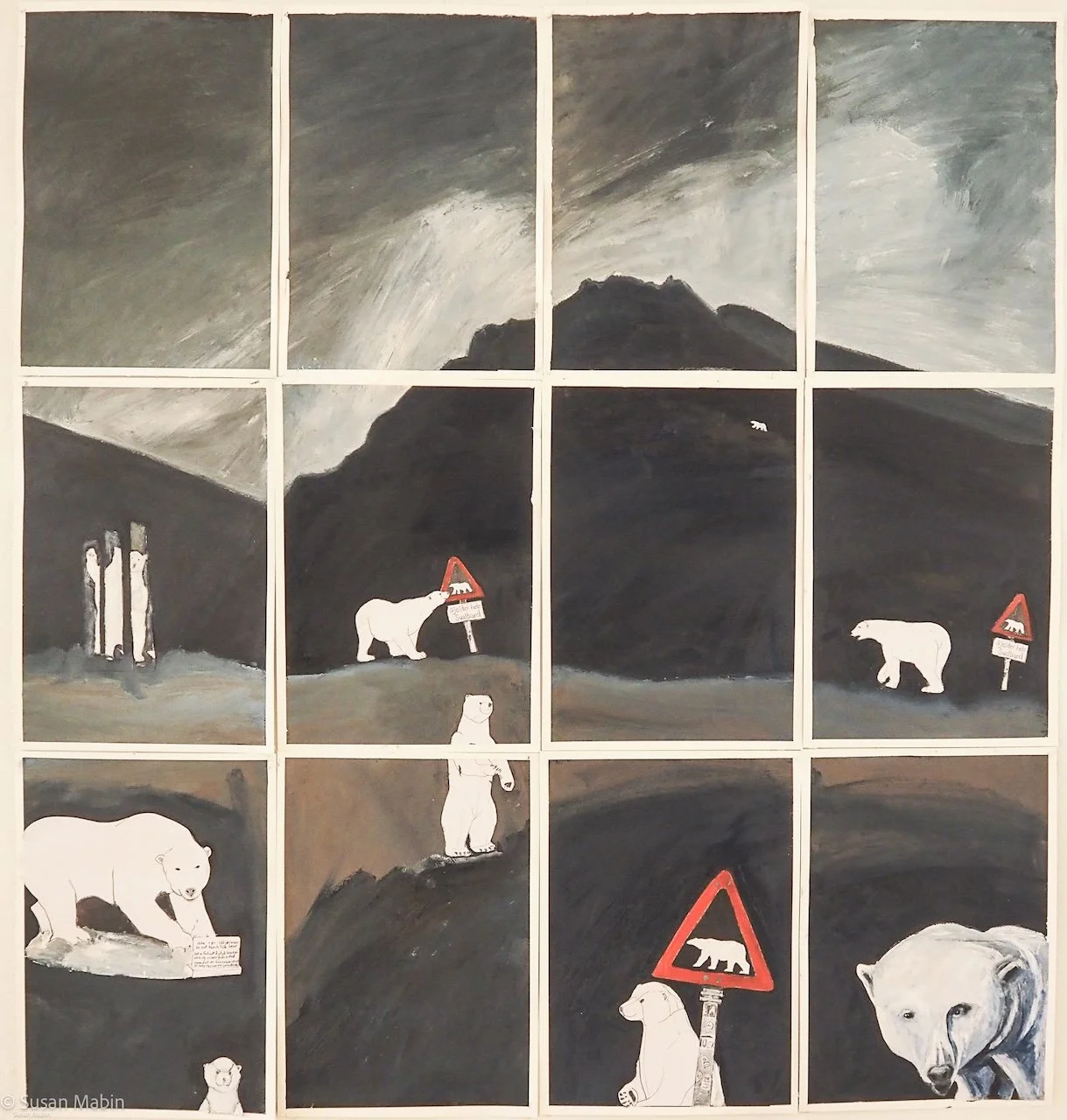 Polar Bears for tourists.  Oil Paint, collage on Paper