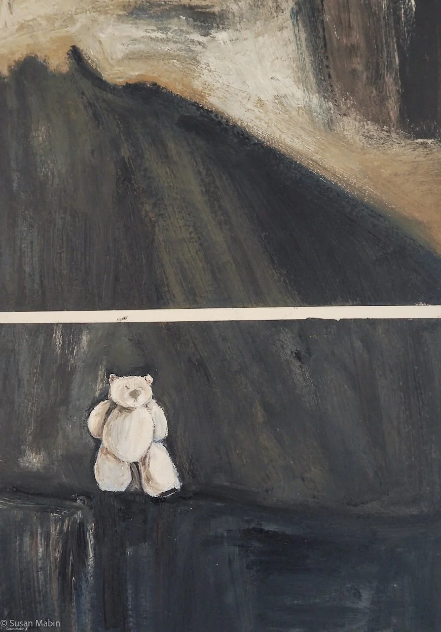 The bear strides across the mountain towards town to become a souvenir