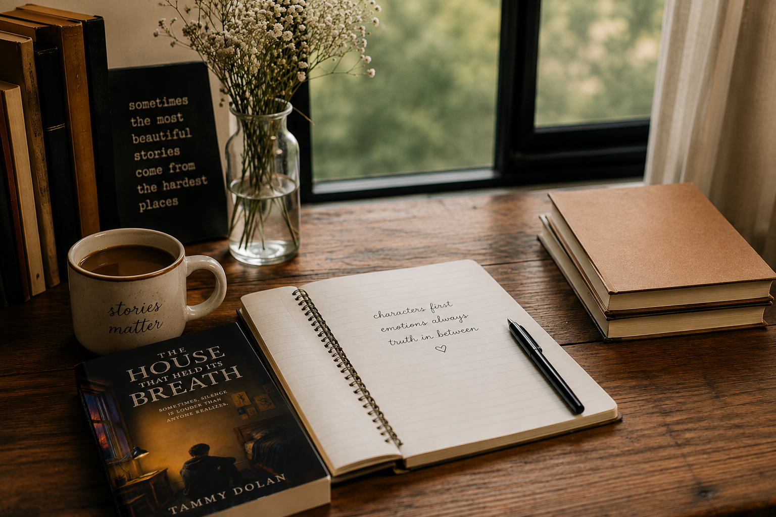 A cozy writing space on a wooden desk by a window, featuring a cup of coffee, a book titled 'The House That Held Its Breath' by Tammy Dolan, an open spiral notebook with handwritten notes, a pen, a stack of books, a vase with white flowers, and a framed quote: 'sometimes the most beautiful stories come from the hardest places.'