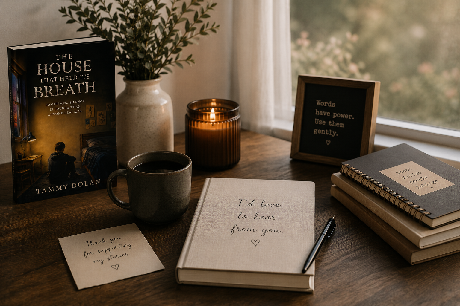 A cozy desk setup with a book titled 'The House That Held Its Breath' by Tammy Dolan, a cup of coffee, a white notebook with the message 'I'd love to hear from you,' a pen, a framed quote 'Words have power. Use them gently,' a black candle, a vase with green foliage, another set of notebooks, a small handwritten note saying 'Thank you for supporting my stories,' and an orange candle on a wooden desk next to a window with curtains, outside foliage visible.