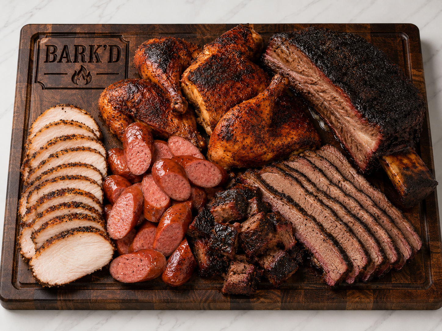 Assorted smoked and grilled meats on a wooden serving board, including sliced turkey breast, smoked sausage links, chicken quarters, brisket slices, and a large beef rib.