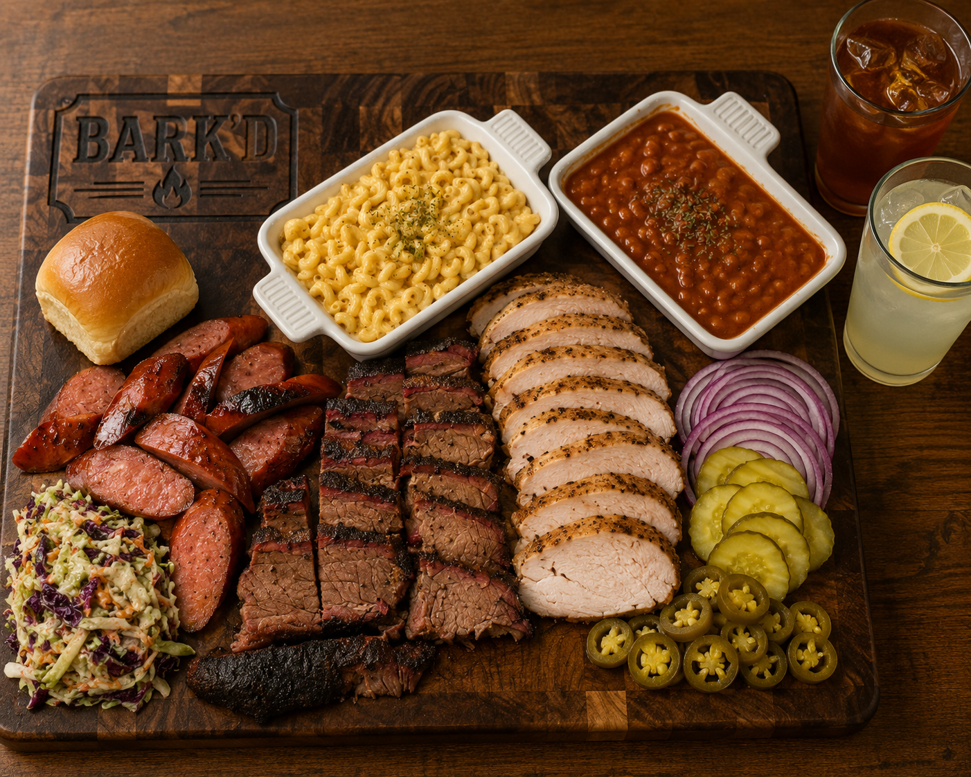 A wooden serving board with barbecue food including sliced brisket, sausage, grilled chicken, macaroni and cheese, baked beans, coleslaw, bread roll, sliced onion, pickle slices, jalapeños, and two glasses of iced tea with lemon.