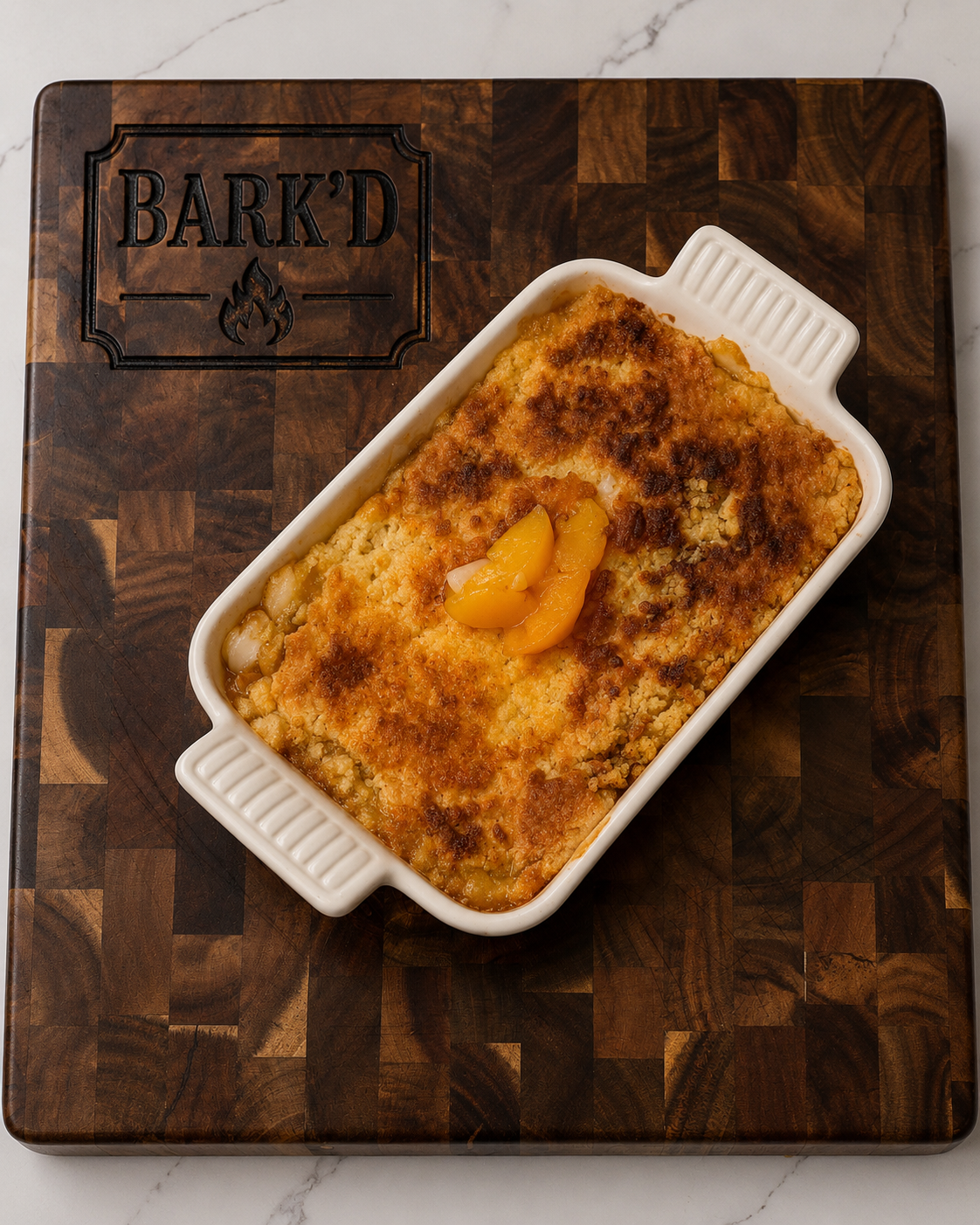 Baked dish with golden brown crust topped with yellow peppers, on a wooden cutting board labeled 'BARK'D'.