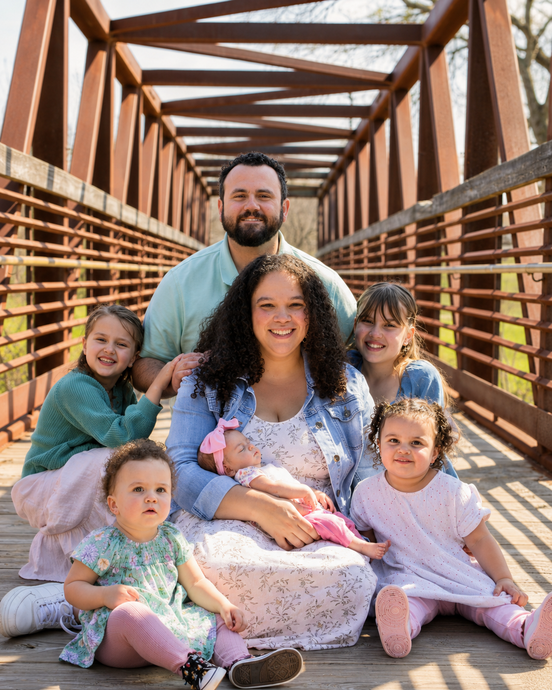 A family of eight posing on a wooden bridge outdoors. An adult woman holding a baby girl, with six young children around her, two girls sitting on the ground, others standing or kneeling. Trees are visible in the background.